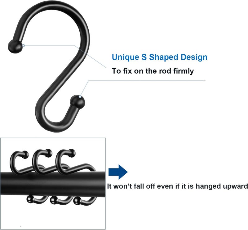 TOPROD Shower Curtain Hooks Rings, Stainless Steel S Shaped Shower Hooks Rust Proof, Metal Shower Curtain Hangers for Shower Curtains, Kitchen, Wardrobe & Garden, Matte Black, Set of 12 - Image 4